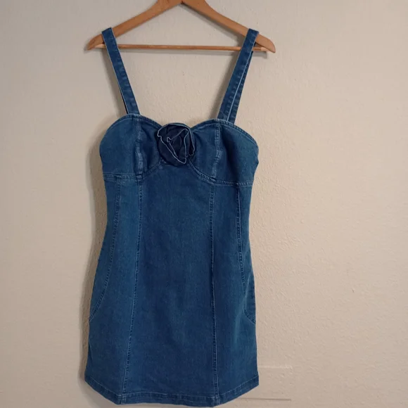 Anthropologie Porridge Rosette Denim Slim Mini Dress feminine romantic - Picture 4 of 11